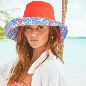 NWT Lilly Pulitzer Reversible Bucket Sun Hat UPF 50+ Blue Floral Orange Solid